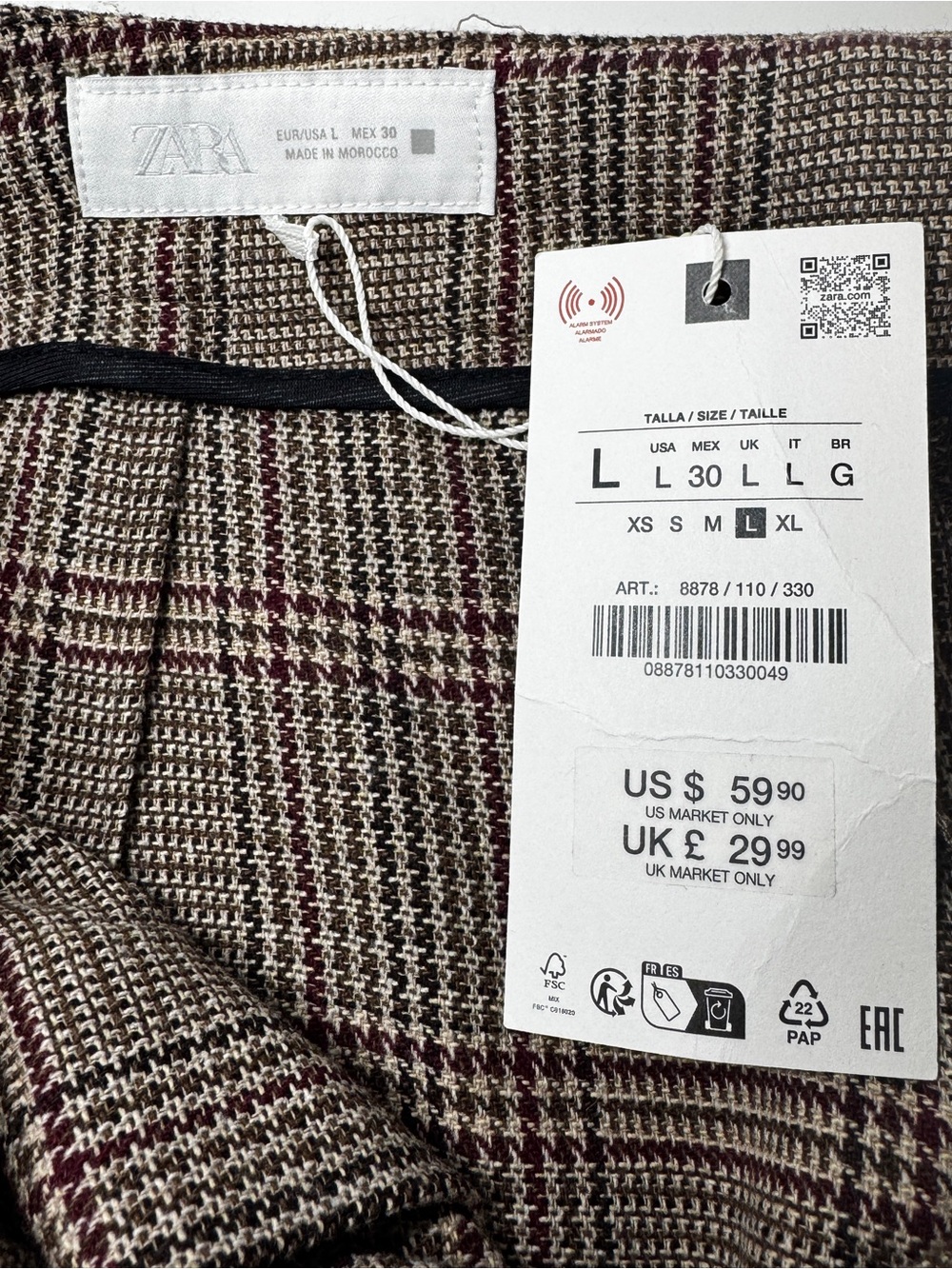 ZARA Womens Large Brown Plaid Pleated Wide-Leg Culottes with Chain Accent - Picture 5 of 9